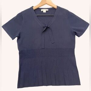 Pendleton Navy Blue Ribbed Slim-Fitting Bow-Detail Women's Knit Top Small Petite